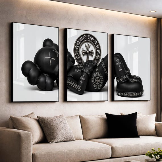Chrome Hearts Kaws Poster Set of 3, Black White Hypebeast Decor Wall Art, Gothic Luxury Decor, Black White Chrome Hearts, Dark Fashion Decor