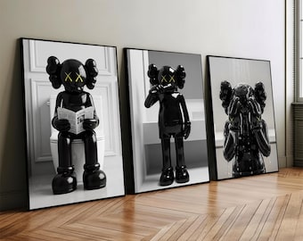 Set of 3 Black Kaws in Shower & Bathroom, DIGITAL DOWNLOAD, Kaws Poster, Hypebeast Prints, Washroom Wall Art, Bathroom Decor