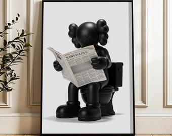 Black Kaws Figure on Toilet Print , Funny Minimalist Bathroom Art , Hypebeast Decor , Printable Wall Art Gift Kaws Poster (Digital Download)