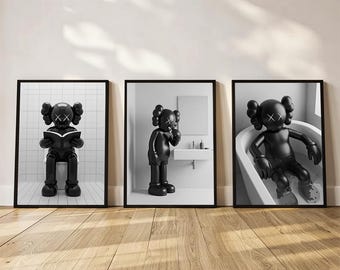 KAWS Bathroom Wall Art Set of 3,Black Shower Poster,Hypebeast Washroom Decor,Modern KAWS Prints,Luxury Bathroom Wall Decor,Digital Download