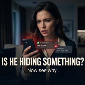 Puede incluir: Una mujer mira un teléfono inteligente con expresión preocupada. El teléfono muestra una notificación de mensaje nuevo y una burbuja de texto con un mensaje. El texto "IS HE HIDING SOMETHING?" se muestra debajo.