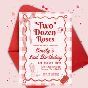 May include: A rectangular birthday invitation card with a pink and white gingham background, featuring a red scalloped border, a watercolour ribbon, a cowboy hat, a boot, and roses. Text reads: Two Dozen Roses, Saddle up & let's celebrate, Emily's 2nd Birthday, SAT FEB 3rd 12pm, 1234 Jerseys On Dallas, TX 45890, RSVP TO MICHELLE AT (123) 456-7890.