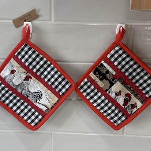 Handmade Quilted Rooster Pot Holders – Black Gingham Farmhouse Kitchen Decor