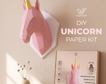 Kit de artesanato em papel pré-cortado de unicórnio, decoração de parede de unicórnio 3D de papel faça você mesmo, kit de artesanato fantástico para crianças e adultos, presente criativo para adolescentes | Papergami®