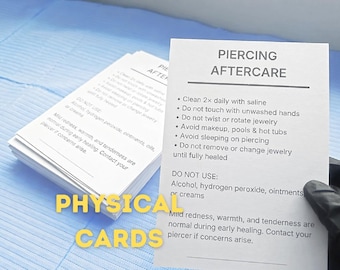 Tarjetas con instrucciones para el cuidado posterior de la perforación / Material físico, sin marca, para el estudio (en grandes cantidades)