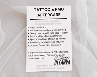 Plantilla de tarjeta de cuidados posteriores a tatuajes y PMU / Instrucciones editables en Canva (descarga digital imprimible de 3,5 x 5)