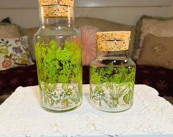 Retro Green Ombré Glass Herb Canisters w Cork Lids from the 1970s. Apothecary Kitchen Jars. Herbs glow pink under 365 light