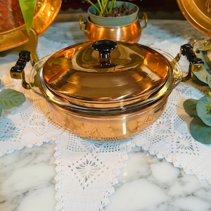 Vintage Coppercraft Guild Copper Casserole Dish  Holder w Lid and Vintage PYREX Glass Insert Dish. Original Instructions included