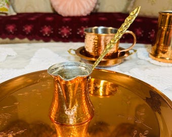 Vintage Hammered Copper Turkish Coffee Pot with Long Brass Handle (Cezve) Tin Lining to prevent gold from reacting with coffee. Turkish