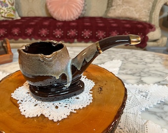 Vintage Ceramic Pipe-Shaped Ashtray with TOBACCO Brown Drip Glaze Finish and Gold Trim. 1970’s
