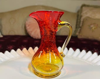 Vintage Amberina crackle Glass miniature Pitcher with Handle yellow and red. GLOWS ORANGE!