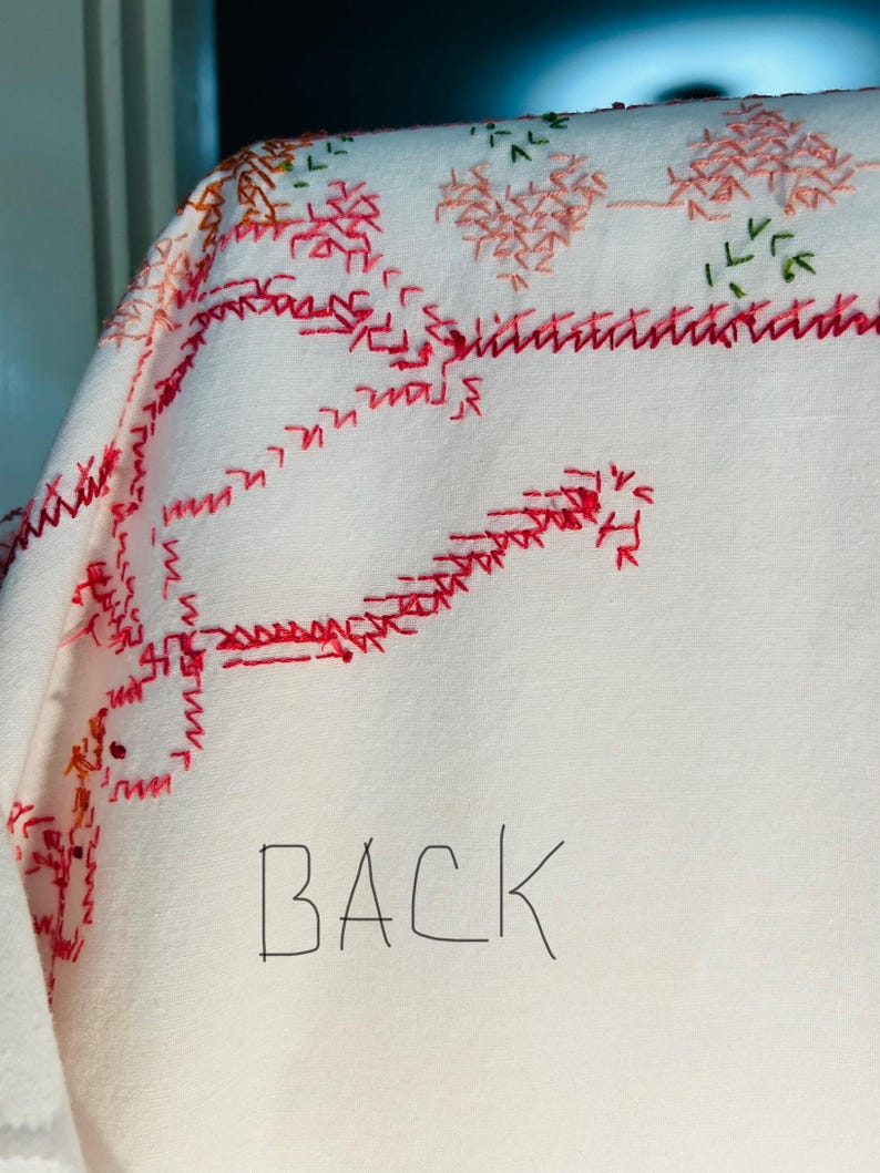 Puede incluir: Primer plano de un textil blanco con patrones florales y geom&eacute;tricos bordados en rojo, naranja y verde. La palabra "BACK" est&aacute; escrita a mano con un rotulador negro sobre la tela.