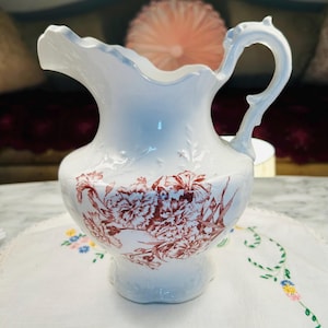 Vintage Red and White Transferware Pitcher.