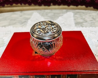Vintage Avon 1970s Vanity Jar, Ornate Silver Lid, Pressed Glass Cream Container