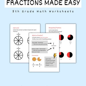 Può includere: Fogli di lavoro didattici intitolati "FRACTIONS MADE EASY" per la matematica della 5a elementare. L'immagine mostra esempi di frazioni con diagrammi, inclusi grafici a torta ed esempi di frazioni. Il testo include "Easy to Learn" e "Printable PDF."