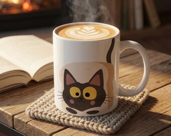 Cartoon Cat Face Mug: Cat Lover Gift, White Ceramic Coffee Cup, Sanctuary Support