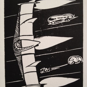 E: Retro Science Fiction Alphabet Letter, Flying Wing Linocut (xilografía) impresión