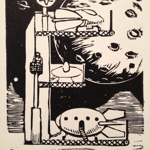 E: Letra del alfabeto de ciencia ficción retro, impresión en linograbado (tipo xilografía) de combustible atómico de Ed