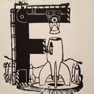 F: Retro Science Fiction Alphabet Letter, Rocket Gantry Linocut (xilografía) print