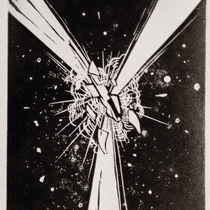 Y: Carta del alfabeto de ciencia ficción retro, explosión Linocut (xilografía-ish) impresión
