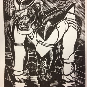 Letra del alfabeto ciencia ficción Retro M:, impresión (woodcut-ish) gorila Spacesuit Linograbado