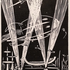 W: Retro ciencia ficción letra del alfabeto, (woodcut-ish) impresión de focos Linograbado