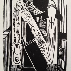 N: Retro Science Fiction Alphabet Letter, City Linocut (xilografía) impresión