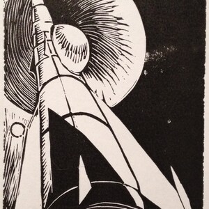 R: Retro Science Fiction Alphabet Letter, Rocket Linocut (xilografía) print