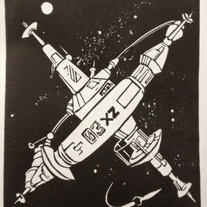 Letra del alfabeto ciencia ficción Retro X:, impresión (woodcut-ish) estación espacial Linograbado