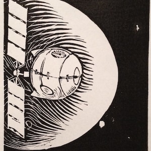 Letra del alfabeto ciencia ficción Retro D:, (woodcut-ish) impresión de satélite Linograbado
