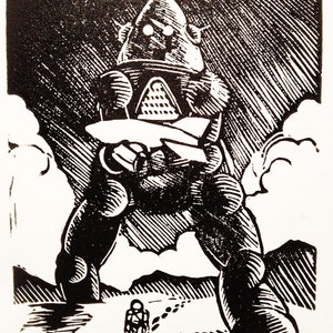Letra del alfabeto ciencia ficción Retro A:, (woodcut-ish) impresión de Robot Linograbado