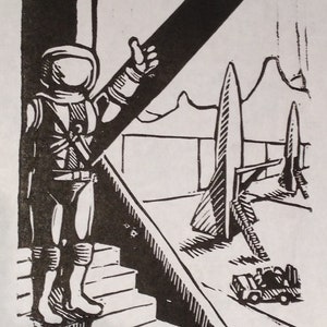 Letra del alfabeto ciencia ficción Retro K:, impresión (woodcut-ish) astronauta Linograbado