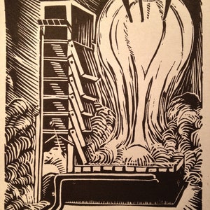 L: Retro ciencia ficción letra del alfabeto, (woodcut-ish) impresión de Linograbado de lanzamiento de cohete