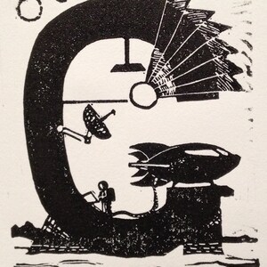 G: ciencia ficción Retro alfabeto letra, imprimir (woodcut-ish) Luna Base Linograbado