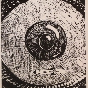 O: letra retro del alfabeto de la ciencia ficción, rúcula y Linograbado de globo ocular grande impresión (woodcut-ish)