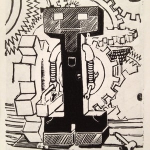 Letra del alfabeto ciencia ficción Retro I:, impresión (woodcut-ish) Robot Linograbado