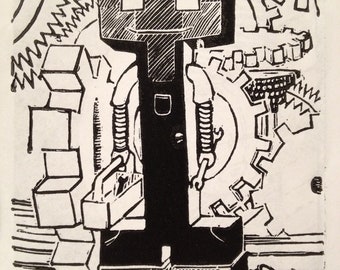 I: Retro Science Fiction Alphabet Letter, Robot Linocut (woodcut-ish) print