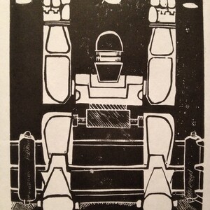 H: Carta del alfabeto de ciencia ficción retro, boxeo robot Linocut (xilografía-ish) impresión