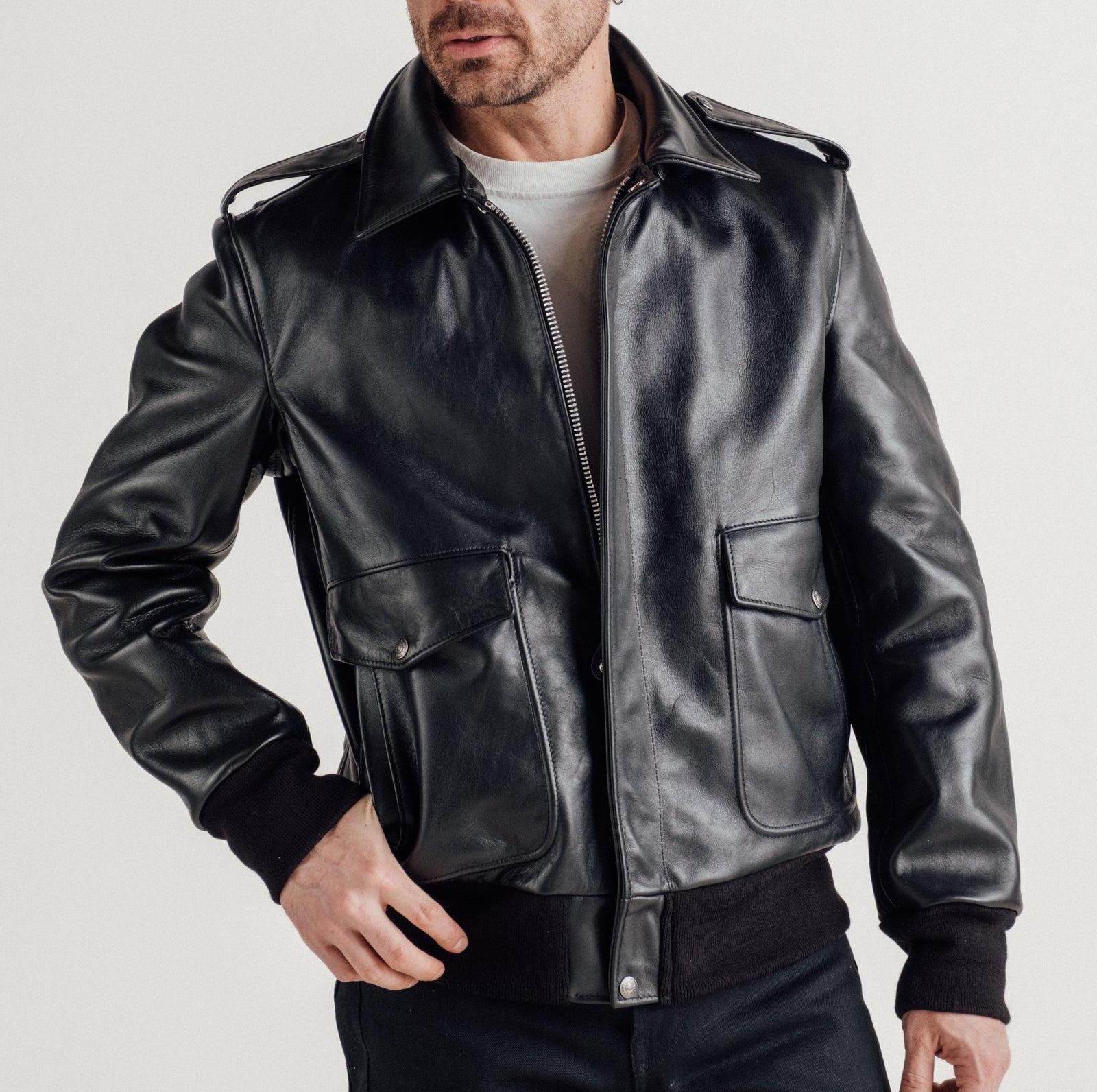 Men's Black A-2 Naked Cowhide Leather Flight Jacket Real Genuine