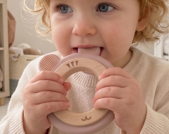 Mordedor personalizado para bebé, anillo de dentición de madera y silicona a medida, juguete sensorial de animales hecho a mano, recuerdo original para recién nacidos, regalo para mamás primerizas