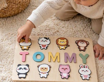 Personalized Wooden Name Puzzle with Animals, Custom Baby Gift, First Birthday Gift for Boy Girl, Toddler Educational Toy, Safari Nursery