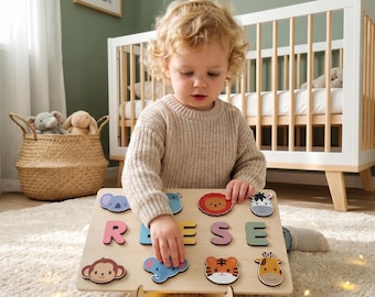 名入れ木製パズル、サファリ動物幼児用おもちゃ、カスタムボヘミアン風子供部屋装飾、モンテッソーリ教育玩具、1歳の誕生日プレゼント