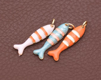 Sardine Fish Charm, 18K Gold Filled Enamel Ocean Pendant for Necklace Bracelet Jewelry Making Supply 24*6mm