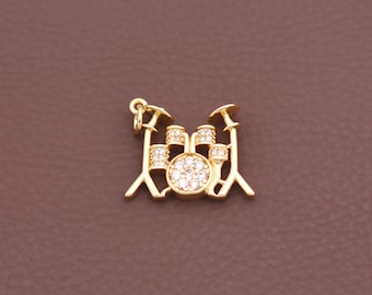 Ciondolo a forma di batteria in oro per la creazione di gioielli, placcato oro 18 carati, ciondolo musicale per collana fai da te, 16*21 mm