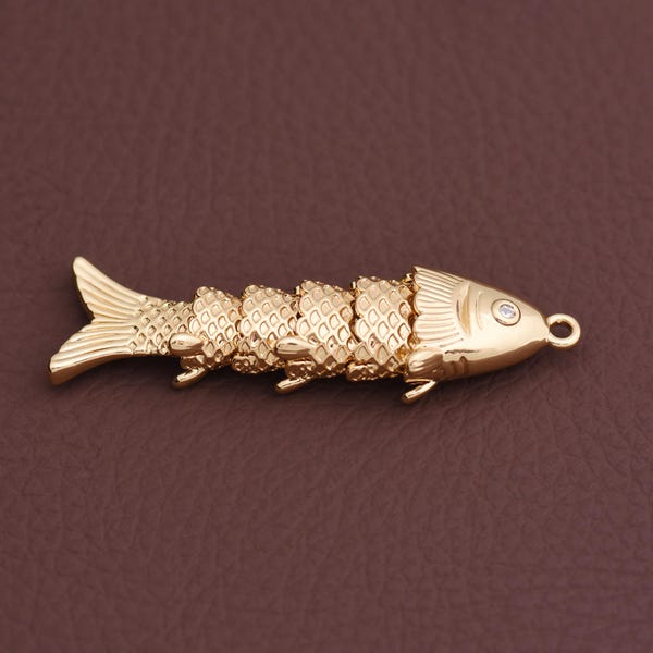 Articulated Fish Pendant Charm 18K Gold Filled Moving Ocean Jewelry for Necklace 42*12mm
