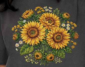 Faux Cross Stitch Floral Sunflowers Png |  90s inspired Grandma Core Png | Cute 1980s Homestead Mama Clipart | Preppy Granny Png