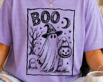 Selos Vintage de Halloween em PNG | Selos Assustadores | Design Retrô de Selo Postal "Boo" | Temporada Assustadora | Download Digital de Fantasma com Chapéu de Bruxa