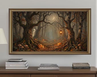 Quadro para TV com tema de floresta assombrada e fantasmas | Download digital aconchegante de Halloween | Arte de parede com tema de floresta outonal melancólica | Quadro para TV com tema de Halloween | Quadro assustador para TV