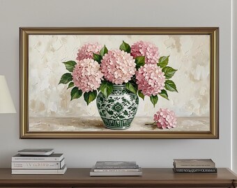 Hydrangea Spring Frame TV Art | Chinoiserie Jar Screensaver | Pink Hydrangea Flowers Painting | Floral Frame Tv Artwork Smart TV Download