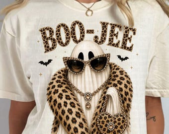 Fantasma Glamouroso com Estampa de Leopardo Estilo Preppy | Design Brilhante | Gráfico de Fantasma | Gráfico Assustador | Fantasma Moderno de Halloween em PNG | Fantasma Feminino em PNG